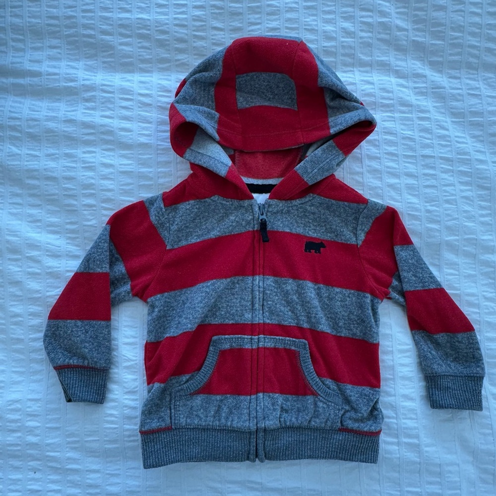 Carter's Red and Grey Striped Bear Hoodie, Size 12M